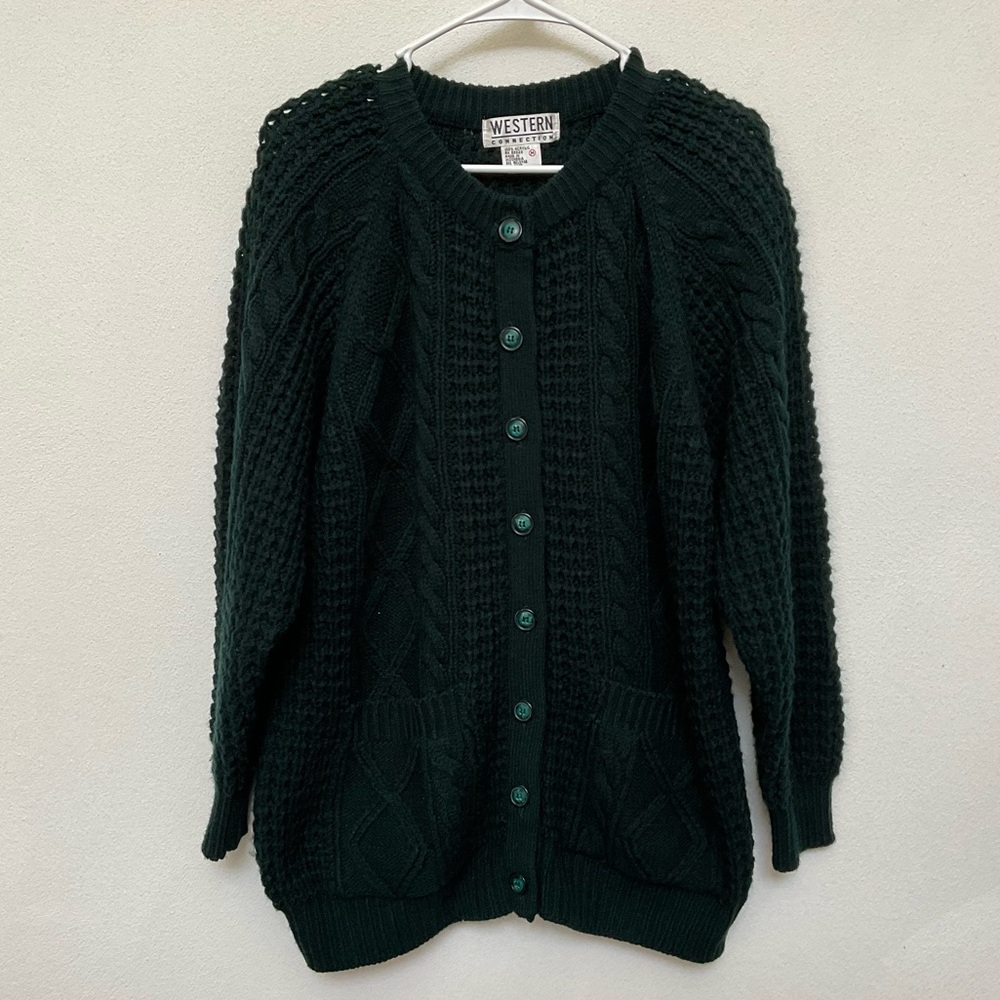 Western Connection Dark Green Chunky Cable Knit Button Up Cardigan Size Mediun